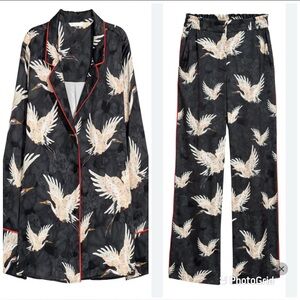 H&M Black Wide Leg Pants with Crane Print